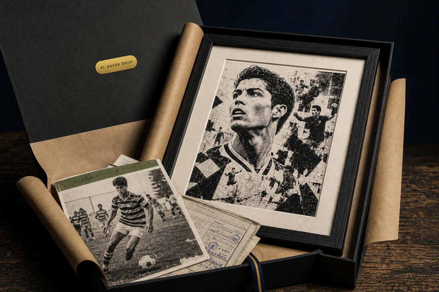 A framed signed print of Cristiano beside an archival photo