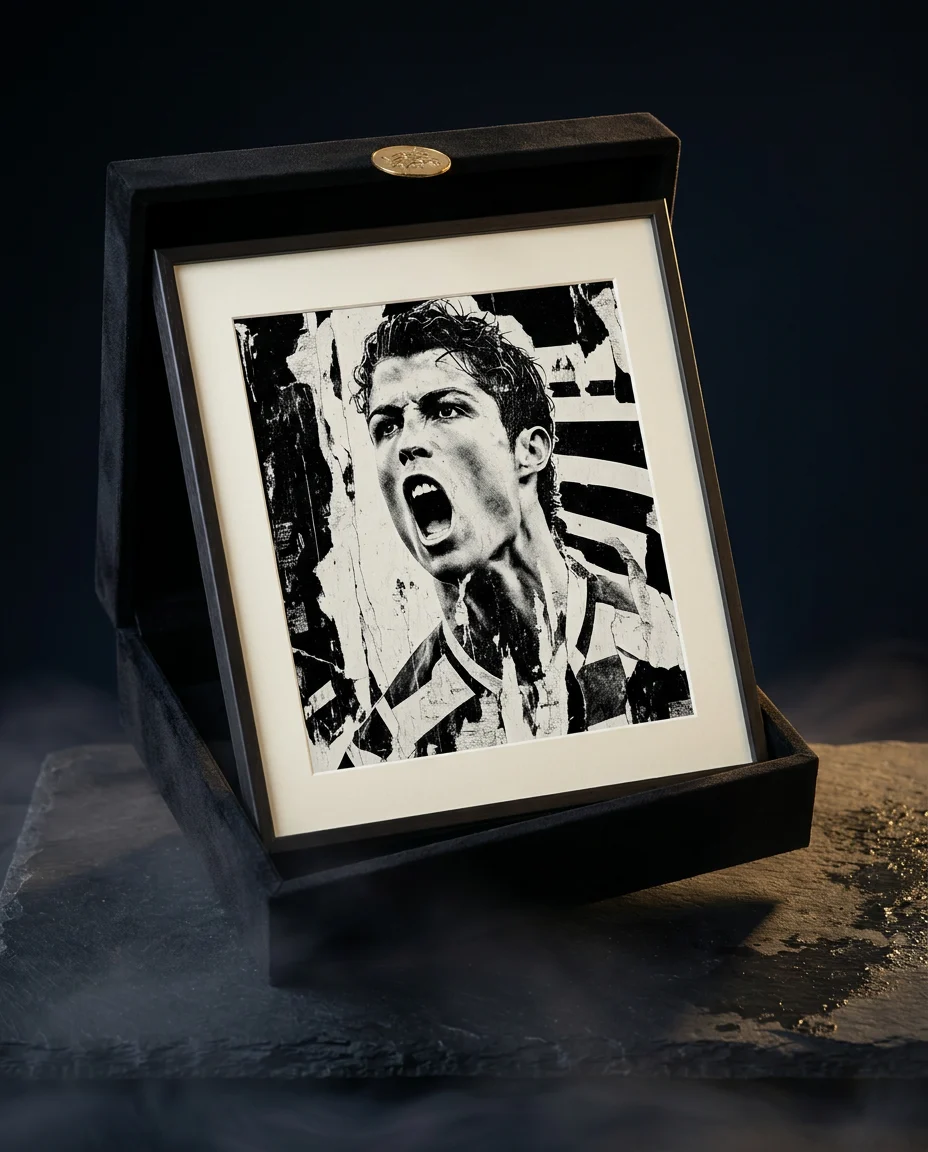 The box open, showing the hand-signed Vhils print of Ronaldo